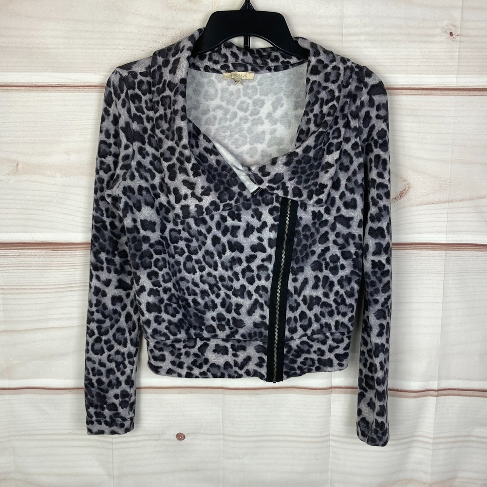 Bordeaux Jacket Womens XS Cheetah Print Moto Knit Asymmetric Zip Long Sleeve